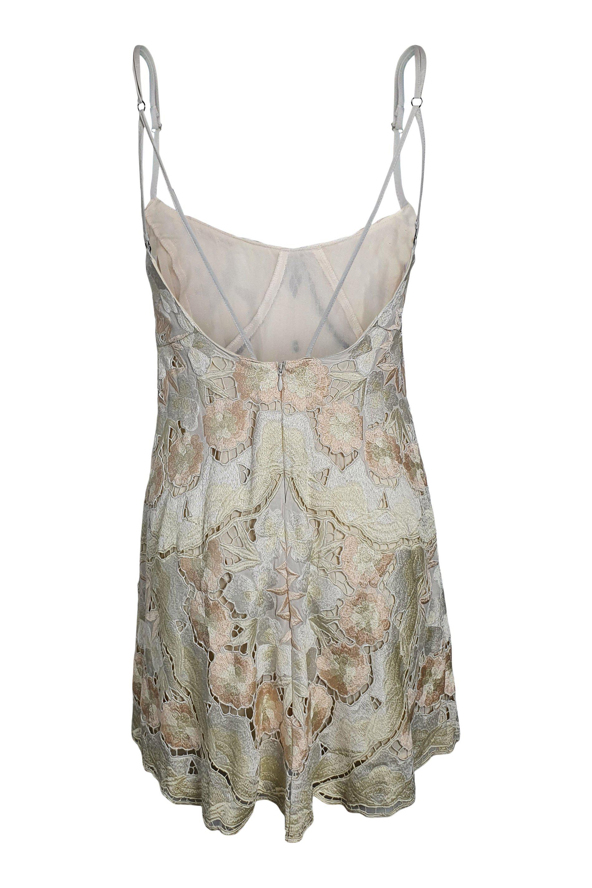 FREE PEOPLE Ivory Floral Embroidered Low Back Strappy Micro Mini Dress (0)-The Freperie
