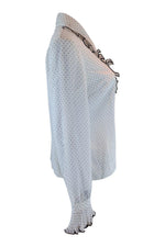 Load image into Gallery viewer, JANET COLTON Vintage White Polyester Polka Dot Ruffled Collar Shirt (40)-The Freperie
