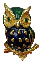 Load image into Gallery viewer, OWL BROOCH Gold Plated Enamelled Green Gem In Lay Eyes-Unbranded-The Freperie
