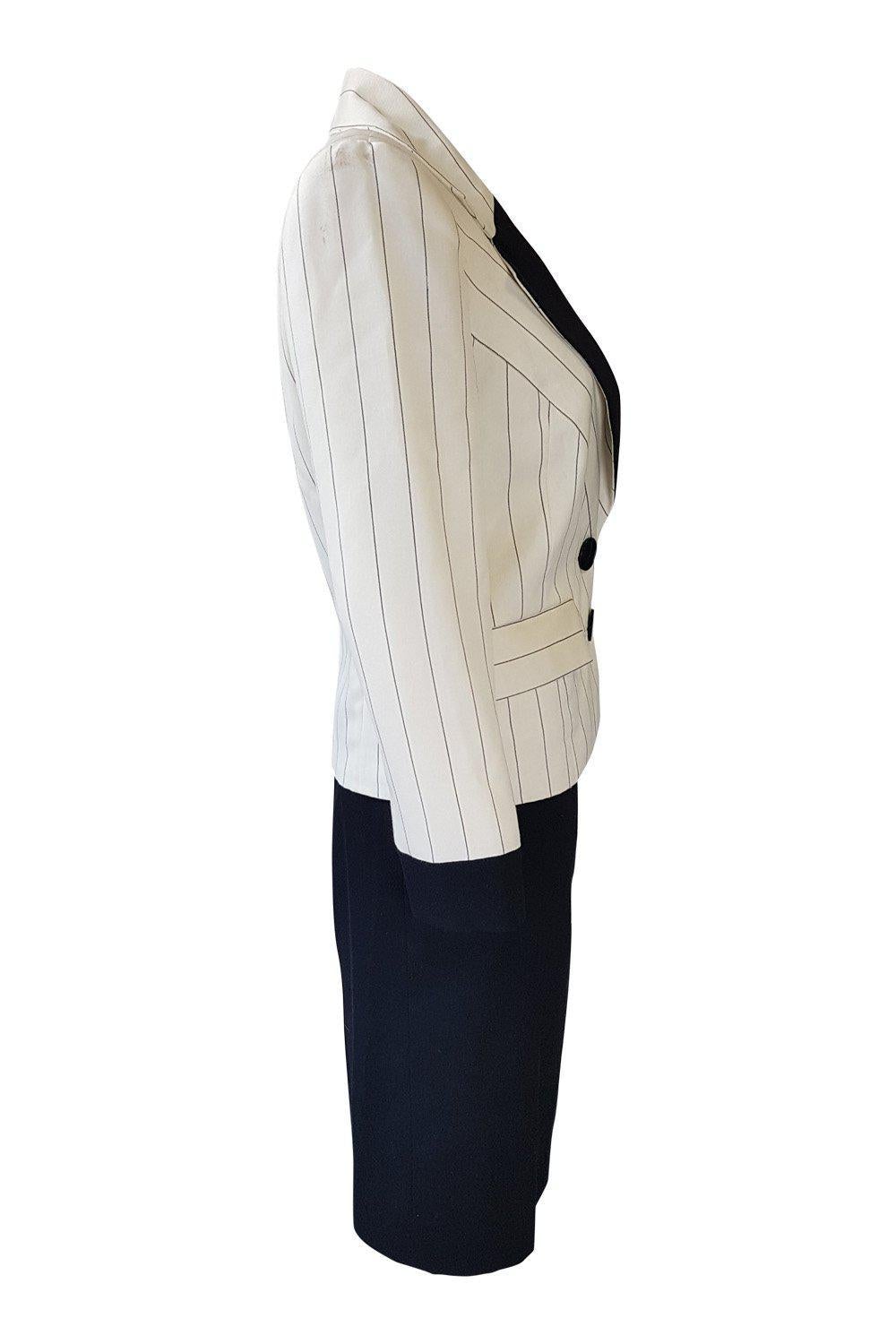 PIERRE BALMAIN Paris Cream and Black Pinstripe Vintage Skirt Suit (FR 36)-Pierre Balmain-The Freperie