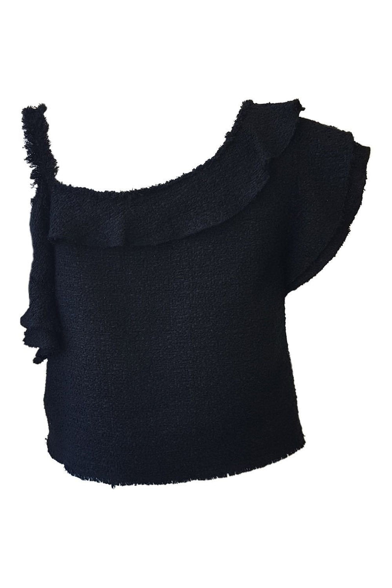 PROENZA SCHOULER Black Tweed Ruffle Sleeve Crop Top UK 6