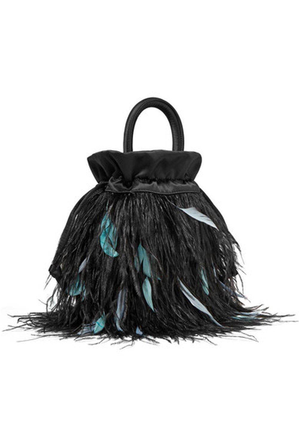 RIXO Black Satin and Feathered Flapper Style Mabel Bag (S)-Rixo-The Freperie