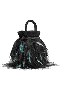 RIXO Black Satin and Feathered Flapper Style Mabel Bag (S)-Rixo-The Freperie