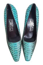 Load image into Gallery viewer, SALVATORE FERRAGAMO Blue Python Leather Almond Toe Pumps (9 B)-The Freperie

