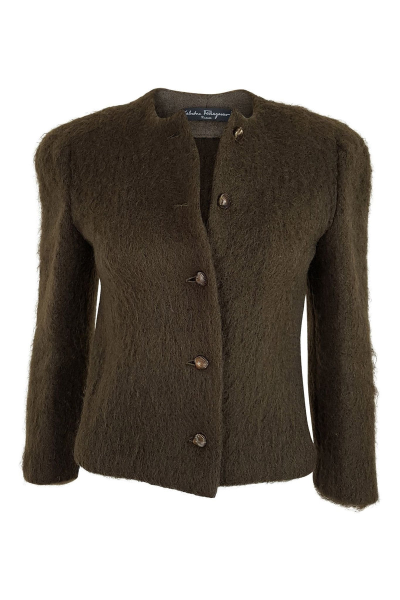 Salvatore Ferragamo ラムレザージャケット ダークグリーン SALVATORE FERRAGAMO Moss Green Wool Short Jacket (S) – The Freperie
