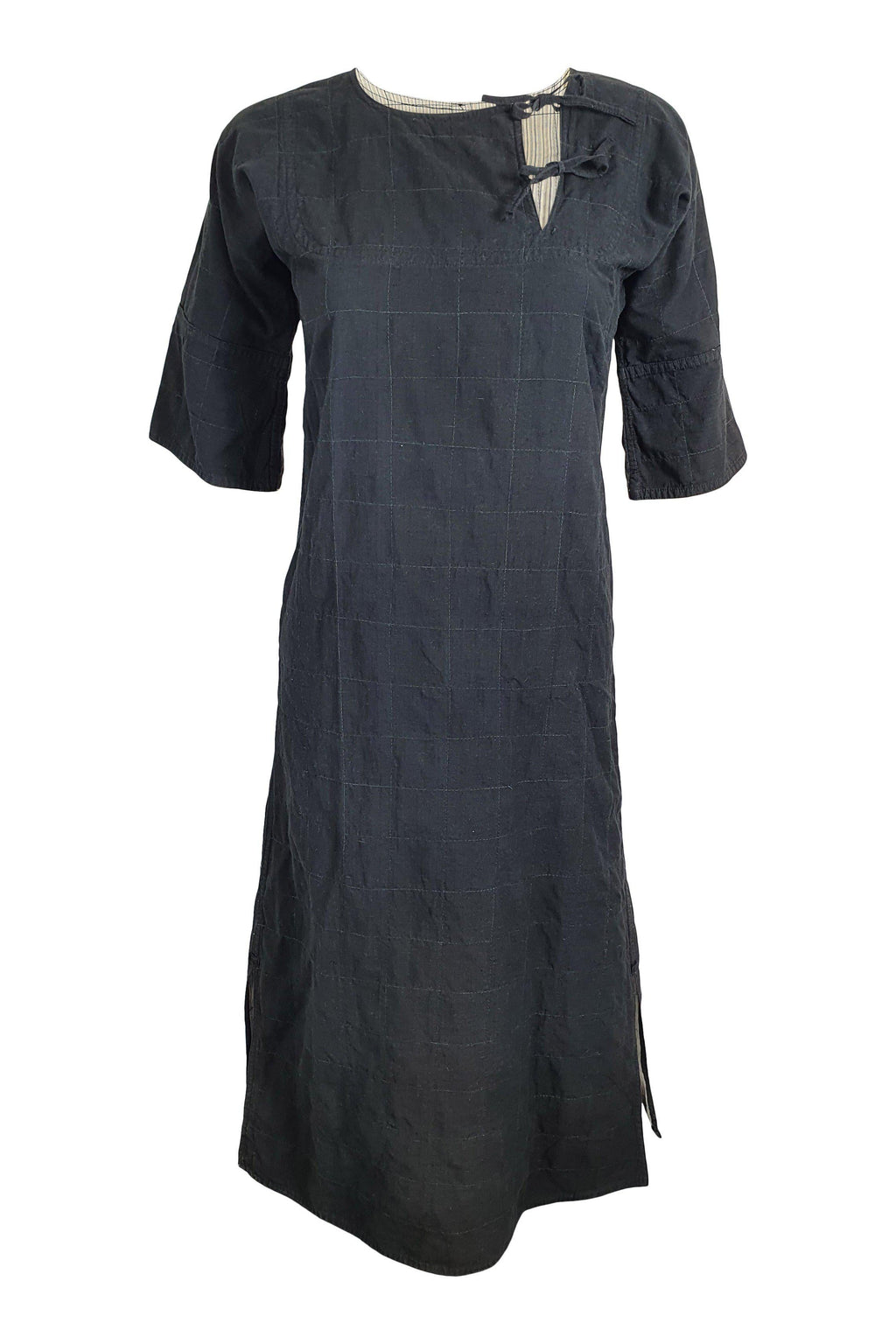 SUZON DE JARDIN Black Linen Scoop Neck Midi Dress (XS)-The Freperie