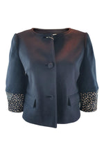 Load image into Gallery viewer, TORY BURCH Black Beige Peggy Calf Trim Wool Blend Jacket (4)-Tory Burch-The Freperie