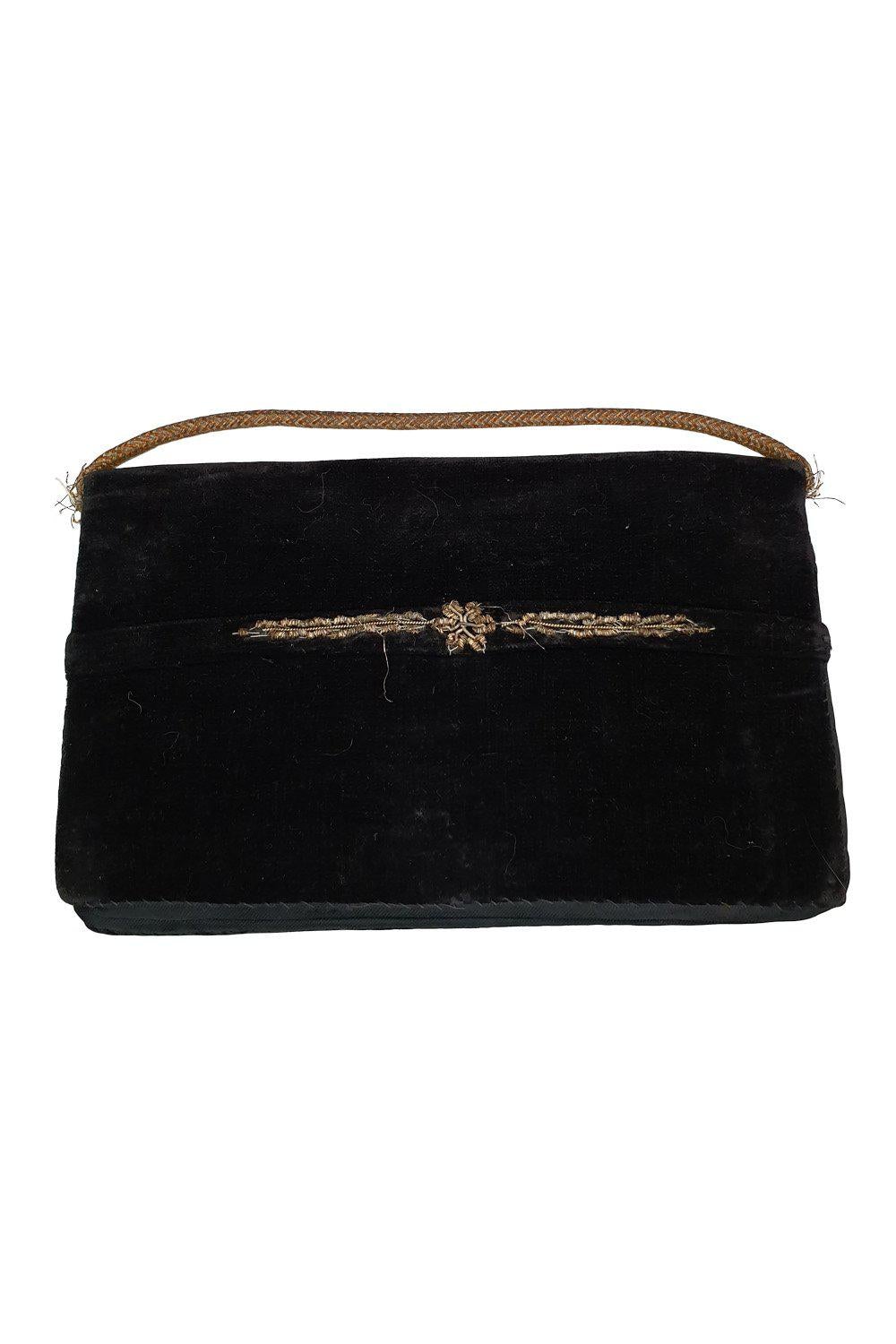 VINTAGE 1930s Black Velvet Embroidered Silver Gold Sunflower Style Zardozi Bag S-The Freperie