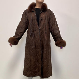 CHRIST Women's Shearling Leather Long Brown Coat - UK 14-16-The Freperie