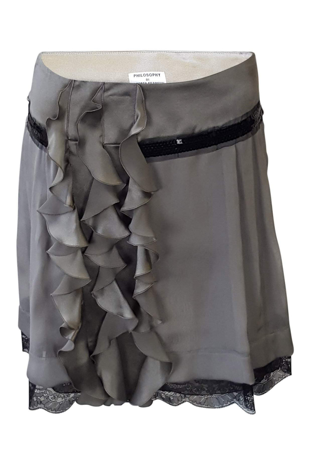 ALBERTA FERRETTI Grey Silk Frill Front Mini Skirt (38)-Alberta Ferretti-The Freperie