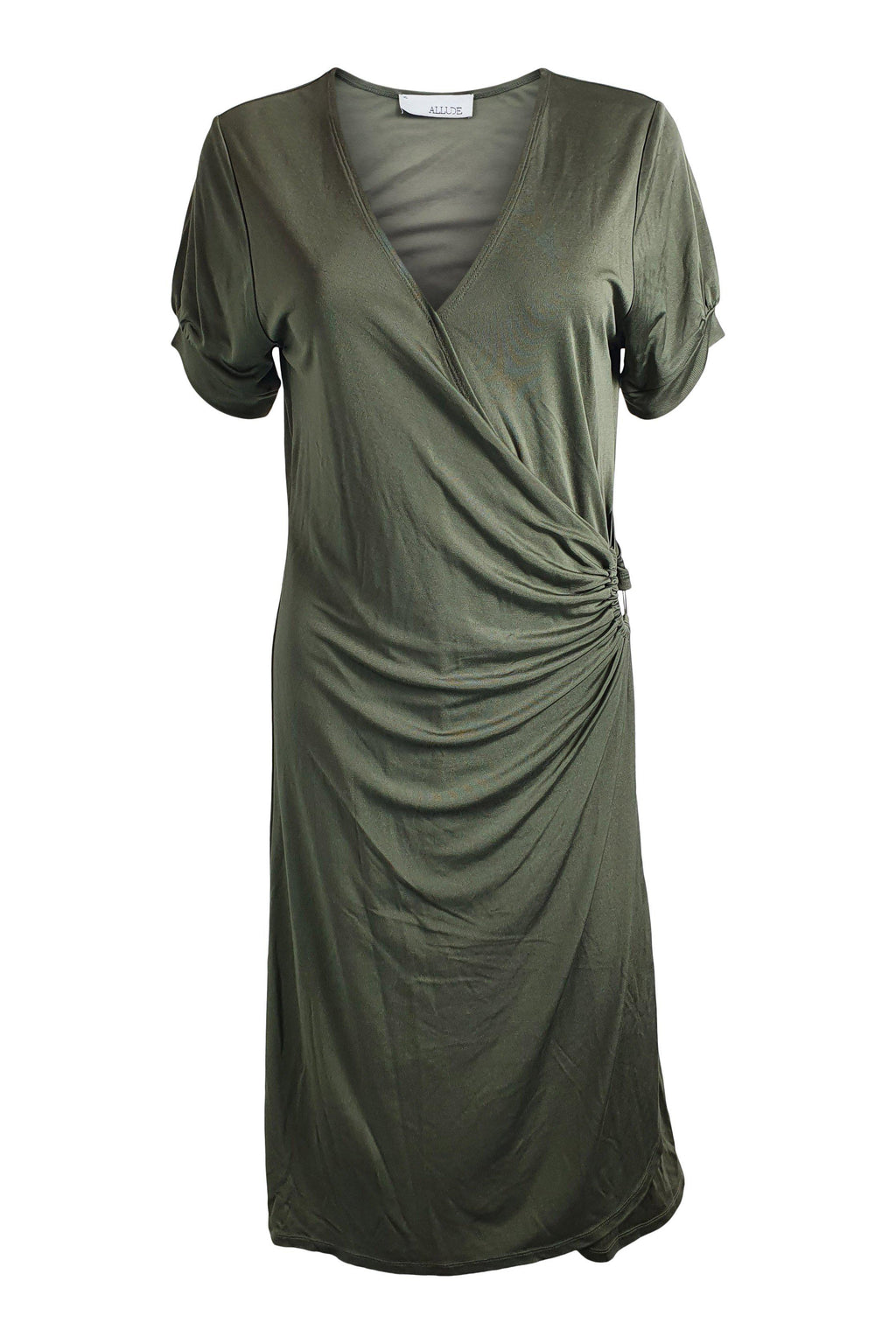 ALLUDE 100% Jersey Silk Khaki Green Gathered Midi Dress (XL)-Allude-The Freperie