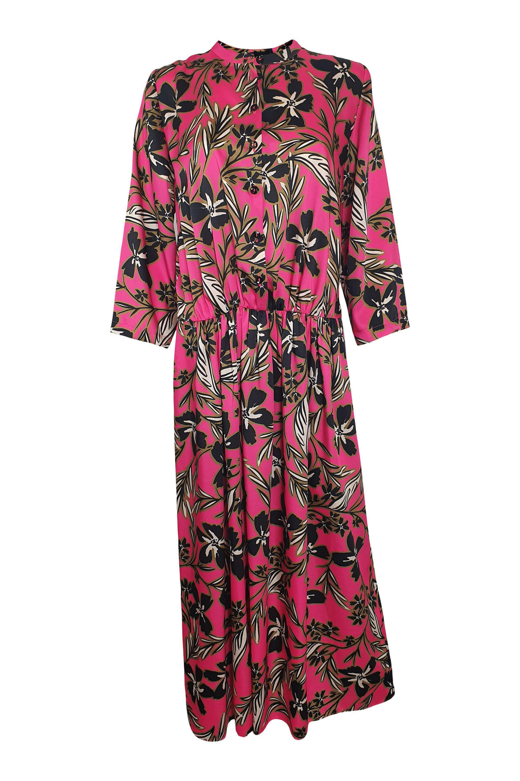 ALYSI CHOCOLAT Fuchsia Pink 3/4 Sleeve Floral Print Midi Dress (IT 42)-Alysi Chocolat-The Freperie
