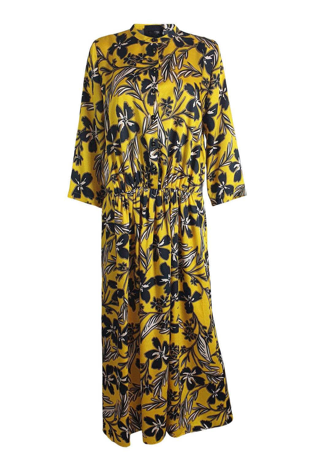 ALYSI CHOCOLAT Sunshine Yellow 3/4 Sleeve Floral Print Midi Dress (IT 44)-Alysi Chocolat-The Freperie