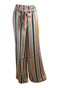 ASCENO 100% Silk Multi Stripe Wide Leg Palazzo Pants (M)-Asceno-The Freperie