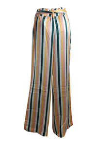 ASCENO 100% Silk Multi Stripe Wide Leg Palazzo Pants (M)-Asceno-The Freperie