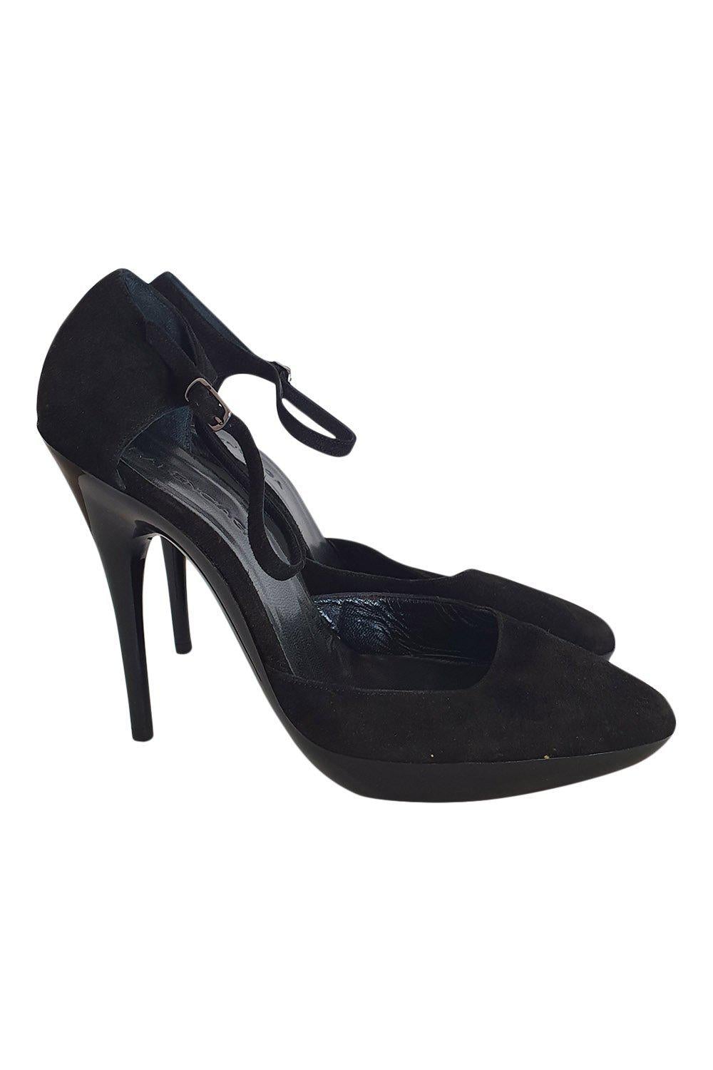 BALENCIAGA Black Suede Ankle Strap Almond Toe Stiletto Heels (6)-Balenciaga-The Freperie