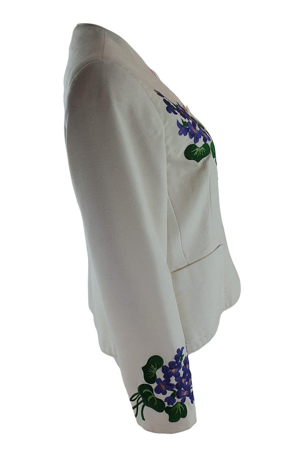 CAROLINE CHARLES Linen Floral Embroidered Patch Pocket Jacket (M)-The Freperie