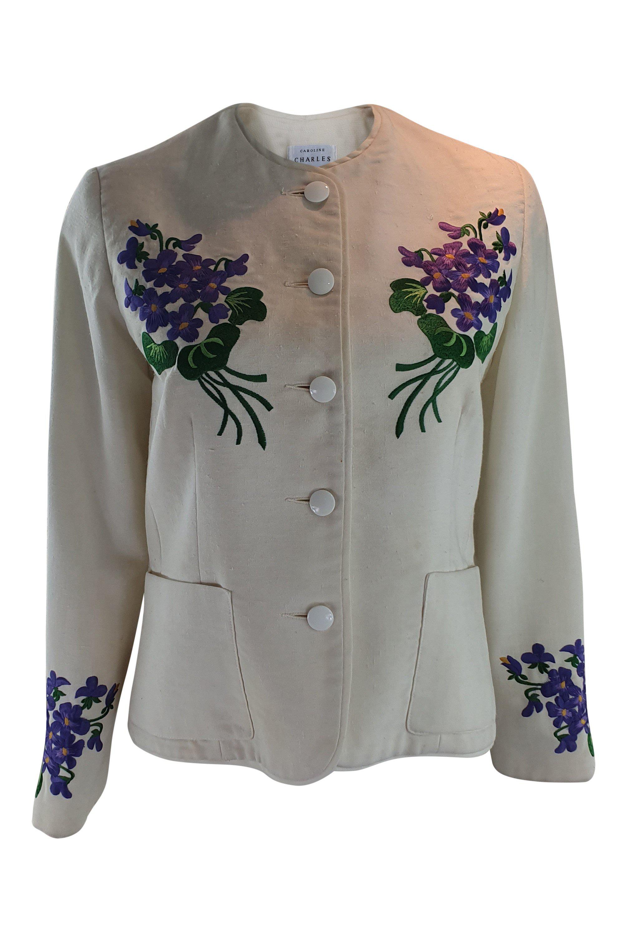 CAROLINE CHARLES Linen Floral Embroidered Patch Pocket Jacket (M)-The Freperie