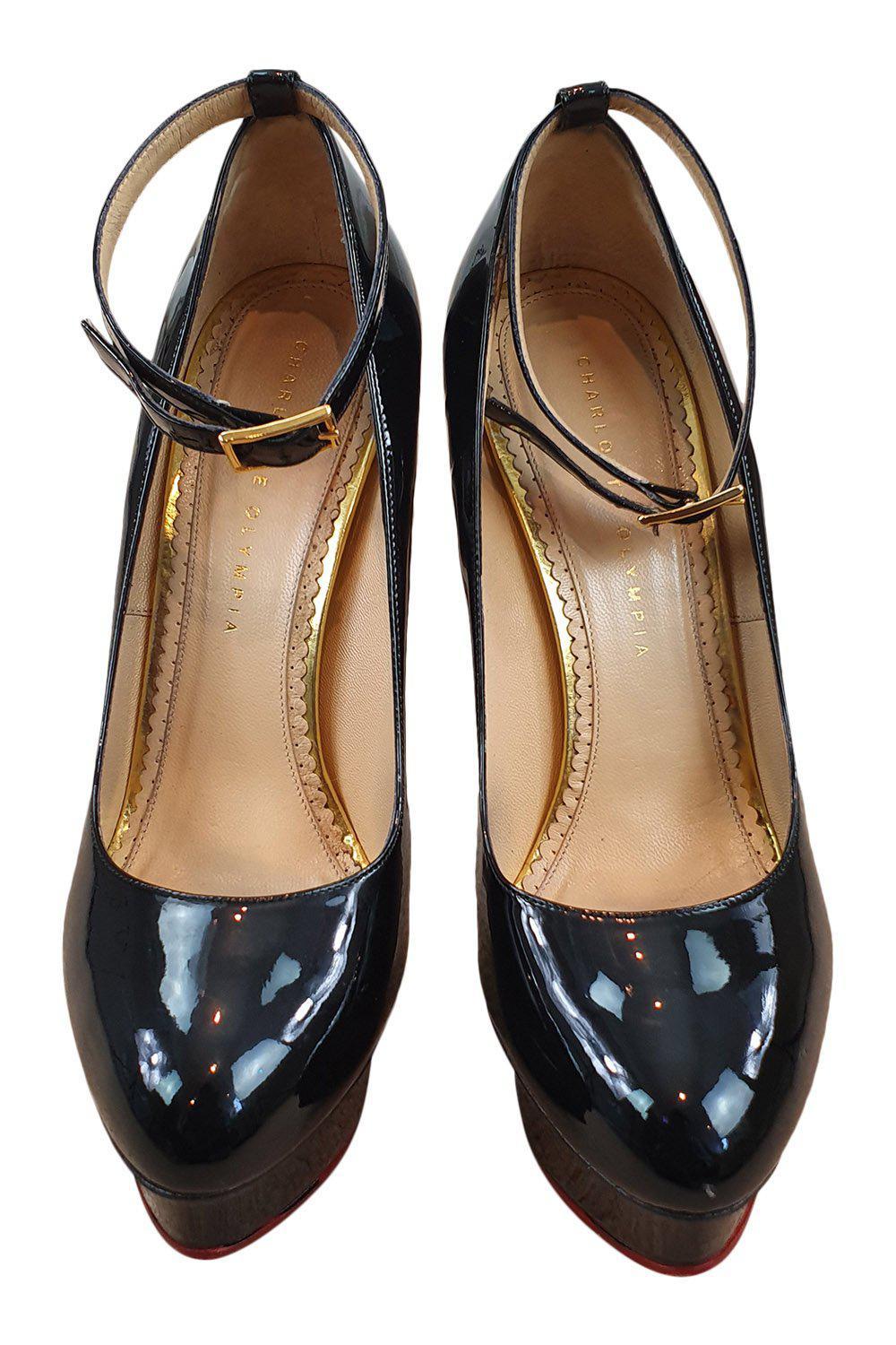 CHARLOTTE OLYMPIA Black Patent Leather Platform Stiletto Dolly Pumps (39.5)-Charlotte Olympia-The Freperie