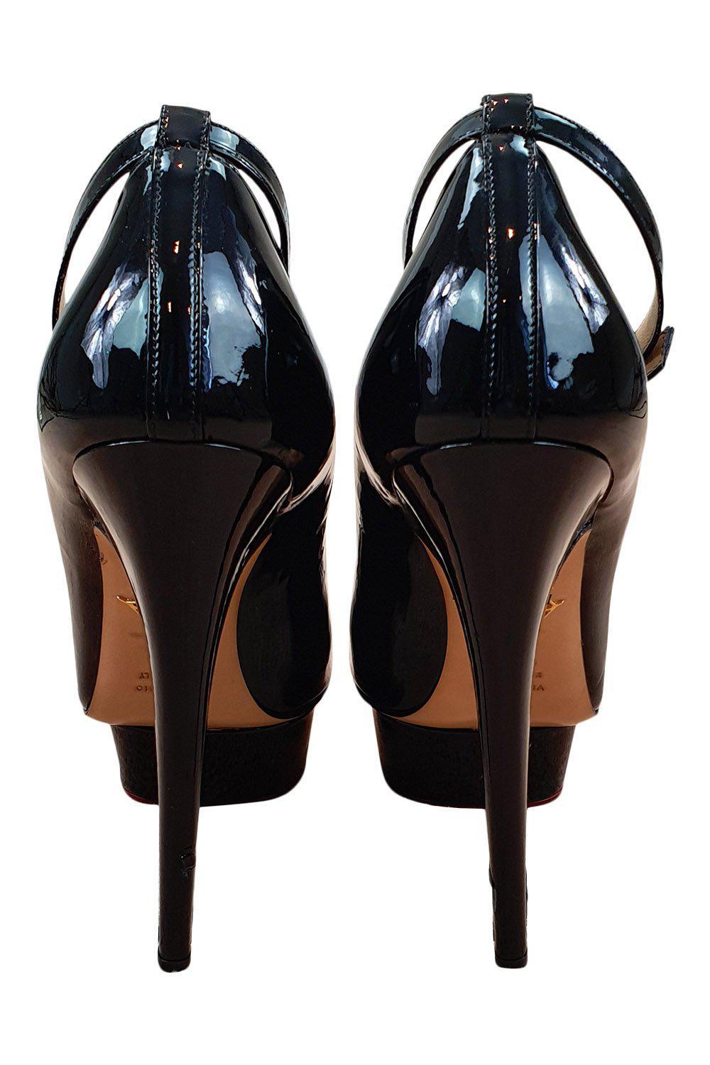 CHARLOTTE OLYMPIA Black Patent Leather Platform Stiletto Dolly Pumps (39.5)-Charlotte Olympia-The Freperie
