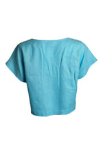 Load image into Gallery viewer, COURRÈGES Vintage Baby Blue Viscose Short Sleeved Crop Top (FR 44)-The Freperie
