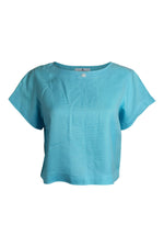 Load image into Gallery viewer, COURRÈGES Vintage Baby Blue Viscose Short Sleeved Crop Top (FR 44)-The Freperie
