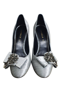 DEIMILLE Velvet Silver High Heel Crystal Embellished Pumps (40)-The Freperie