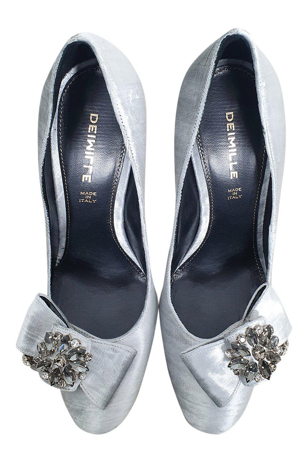 DEIMILLE Velvet Silver High Heel Crystal Embellished Pumps (40)-The Freperie