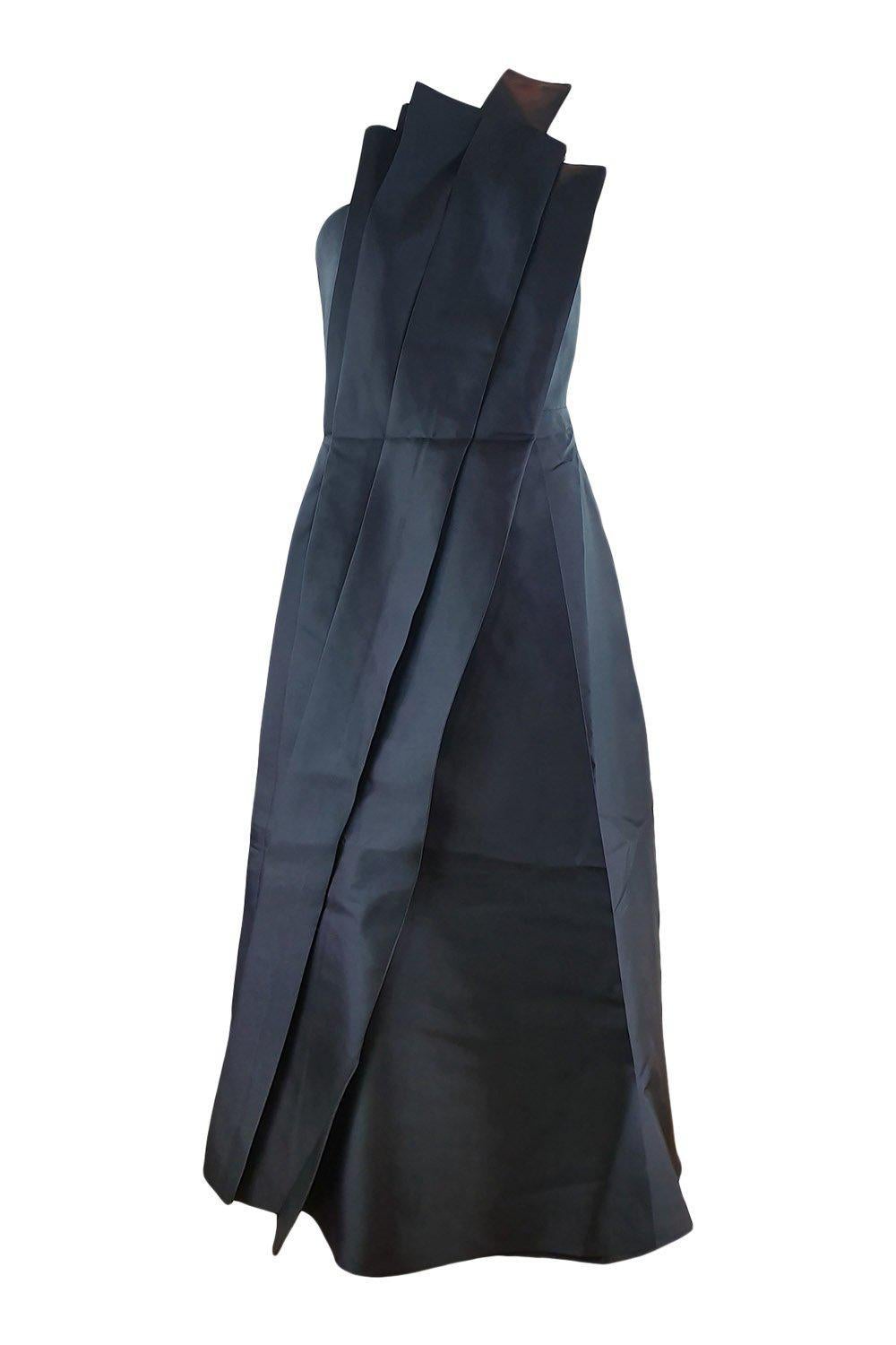 EDIT Architectural Pleated Black Satin Maxi Dress (M)-EDIT-The Freperie
