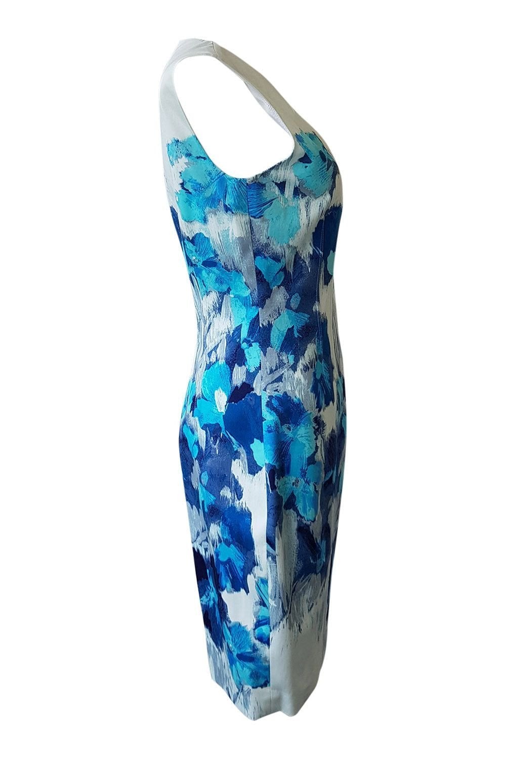 ELIE TAHARI White Blue Floral Print Sleeveless Shift Dress (UK 8) – The ...