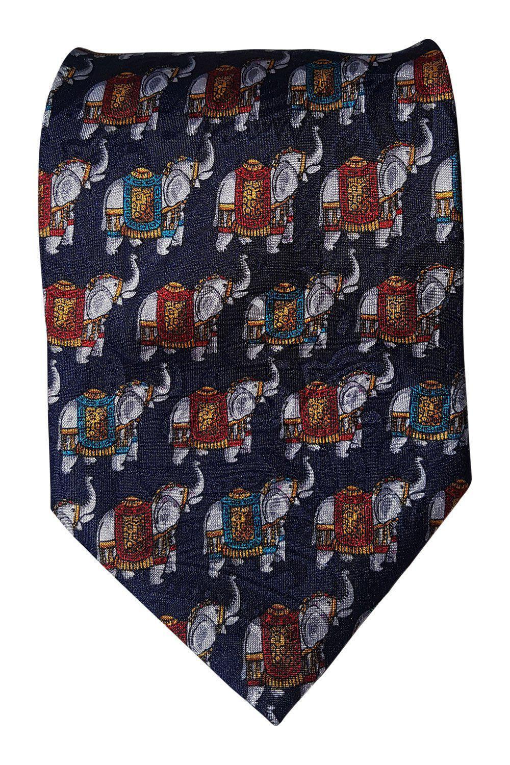 ENRICO FLORIANI Navy Blue Elephant Pattern Silk Tie (61.5")-Enrico Florani-The Freperie