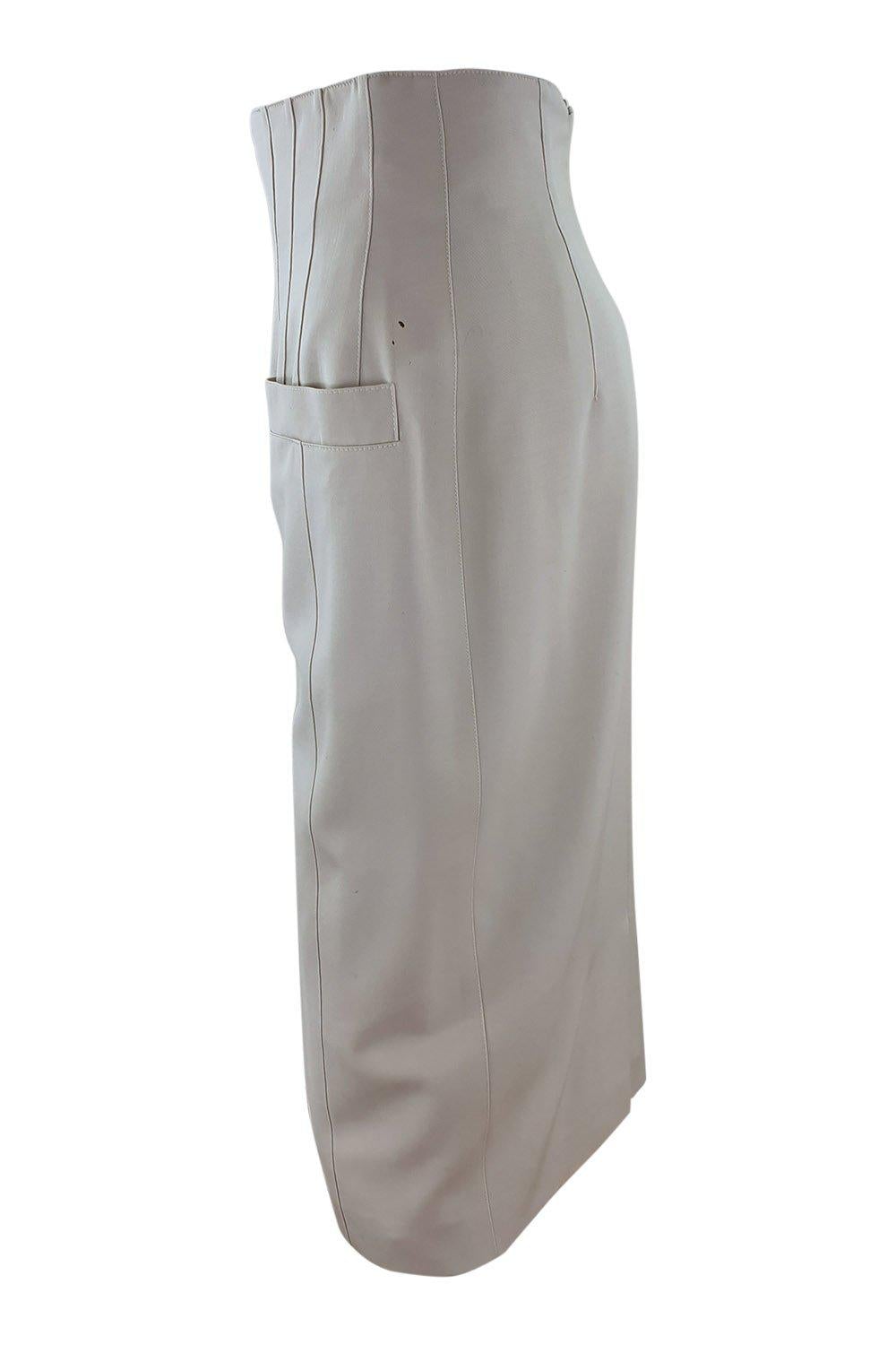 ESCADA Vintage 1980s Cream Pure New Wool Knee Length Pencil Skirt (36)-The Freperie