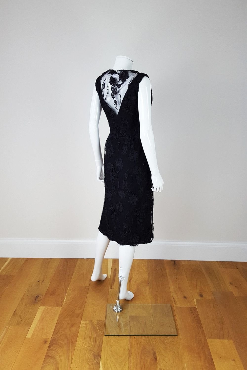 ESTEVEZ Vintage Lace Overlay Black Evening Dress (UK 8)-Estévez-The Freperie