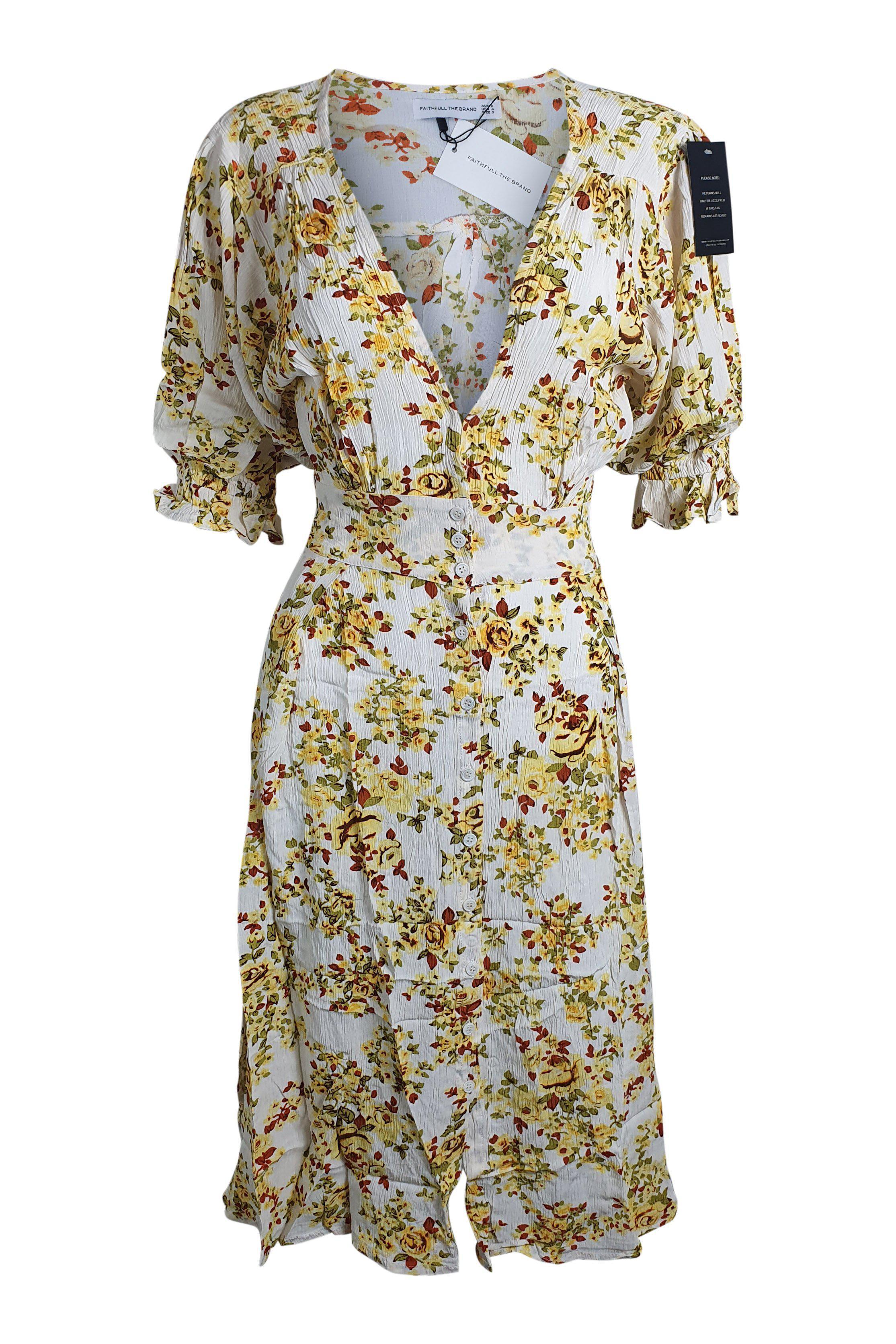 FAITHFULL THE BRAND Off White Goldie Floral Rafa Midi Dress (AU 8 | US 4 | UK 4)-The Freperie