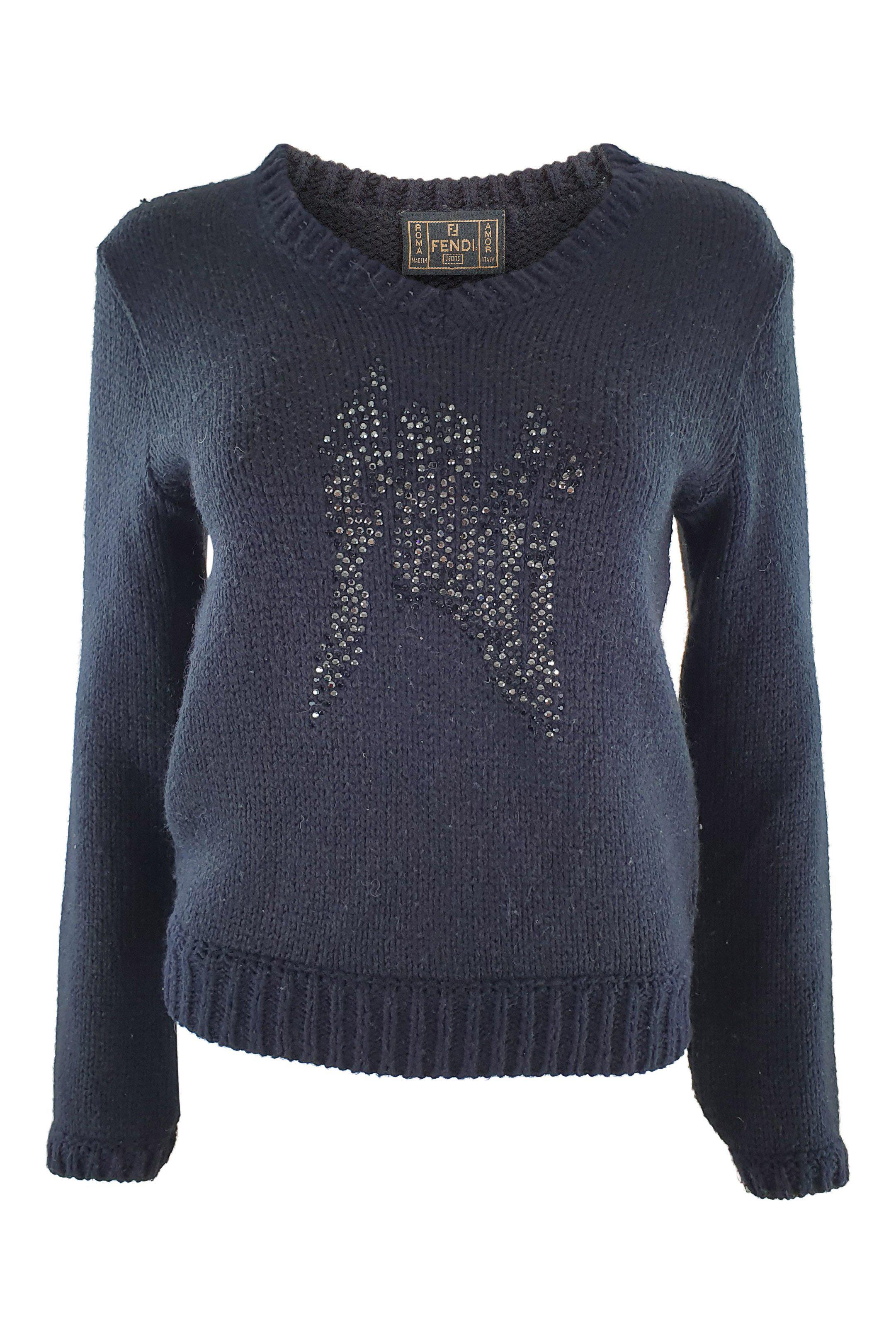 FENDI Black Wool Blend Medium Knit Fendi Encrusted Jumper (S)-Fendi-The Freperie