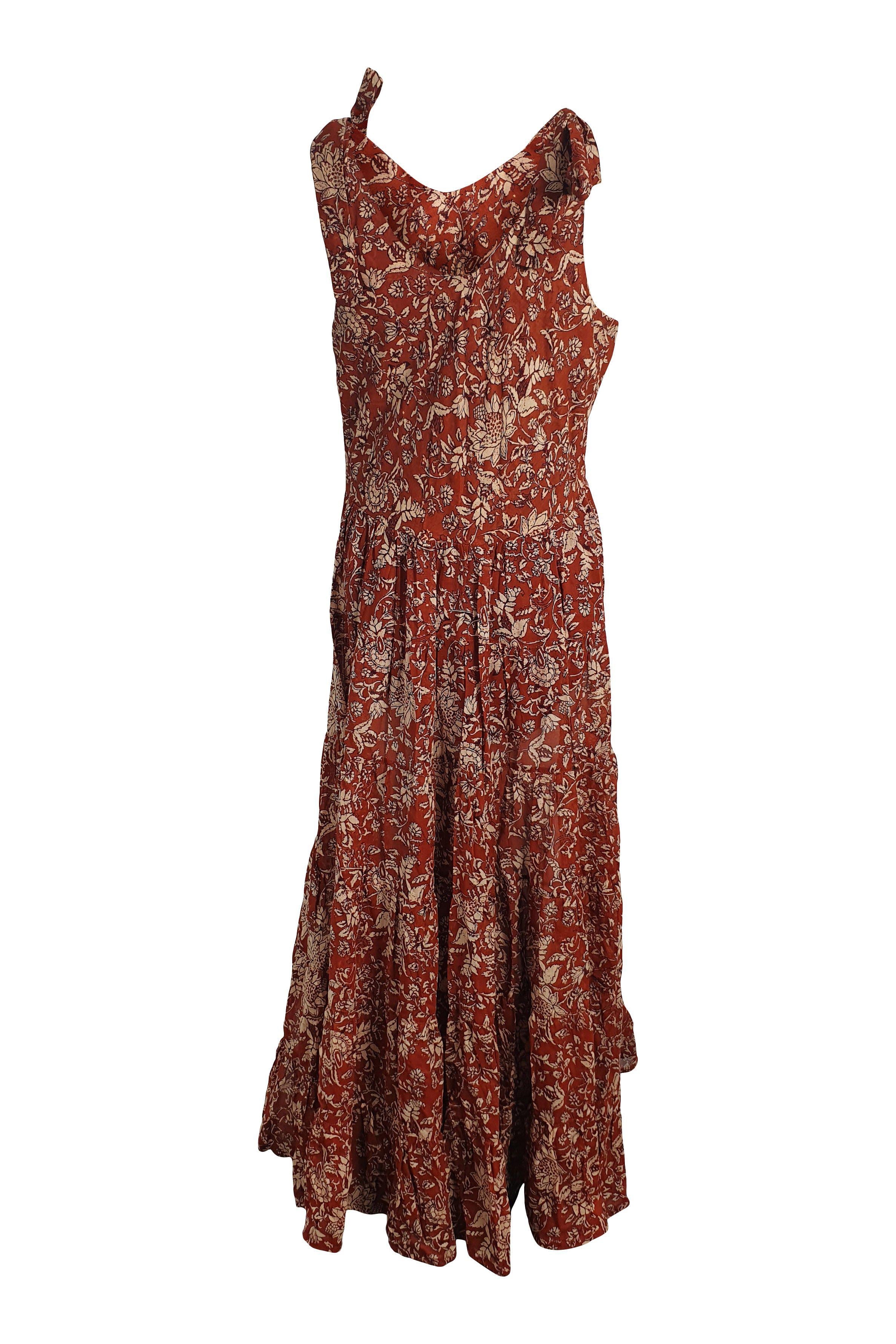FREE PEOPLE 100% Cotton Brown Motif Floral Print Midi Dress (M)-Free People-The Freperie