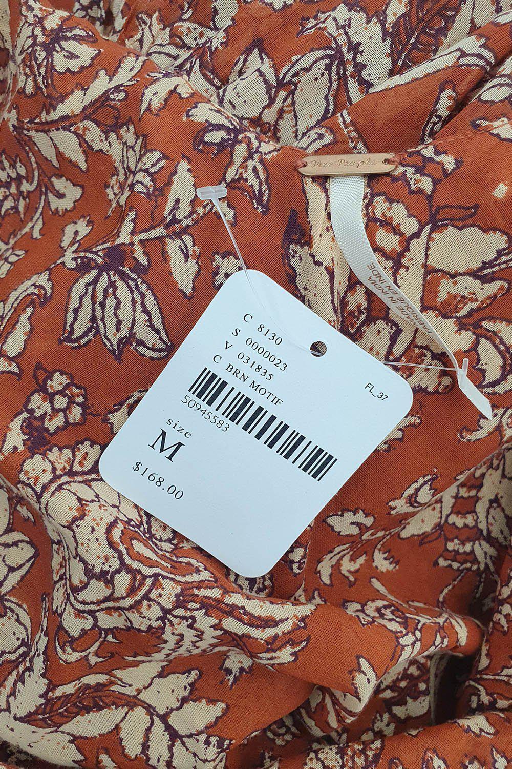 FREE PEOPLE 100% Cotton Brown Motif Floral Print Midi Dress (M)-Free People-The Freperie