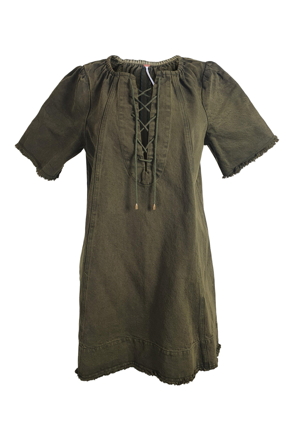 FREE PEOPLE 100% Cotton Green Denim Lace Front Mini Dress (S)-Free People-The Freperie