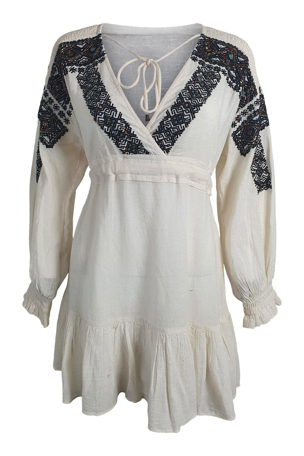 FREE PEOPLE Boho Cotton Blend Ivory Beaded Mini Dress (L)-Free People-The Freperie