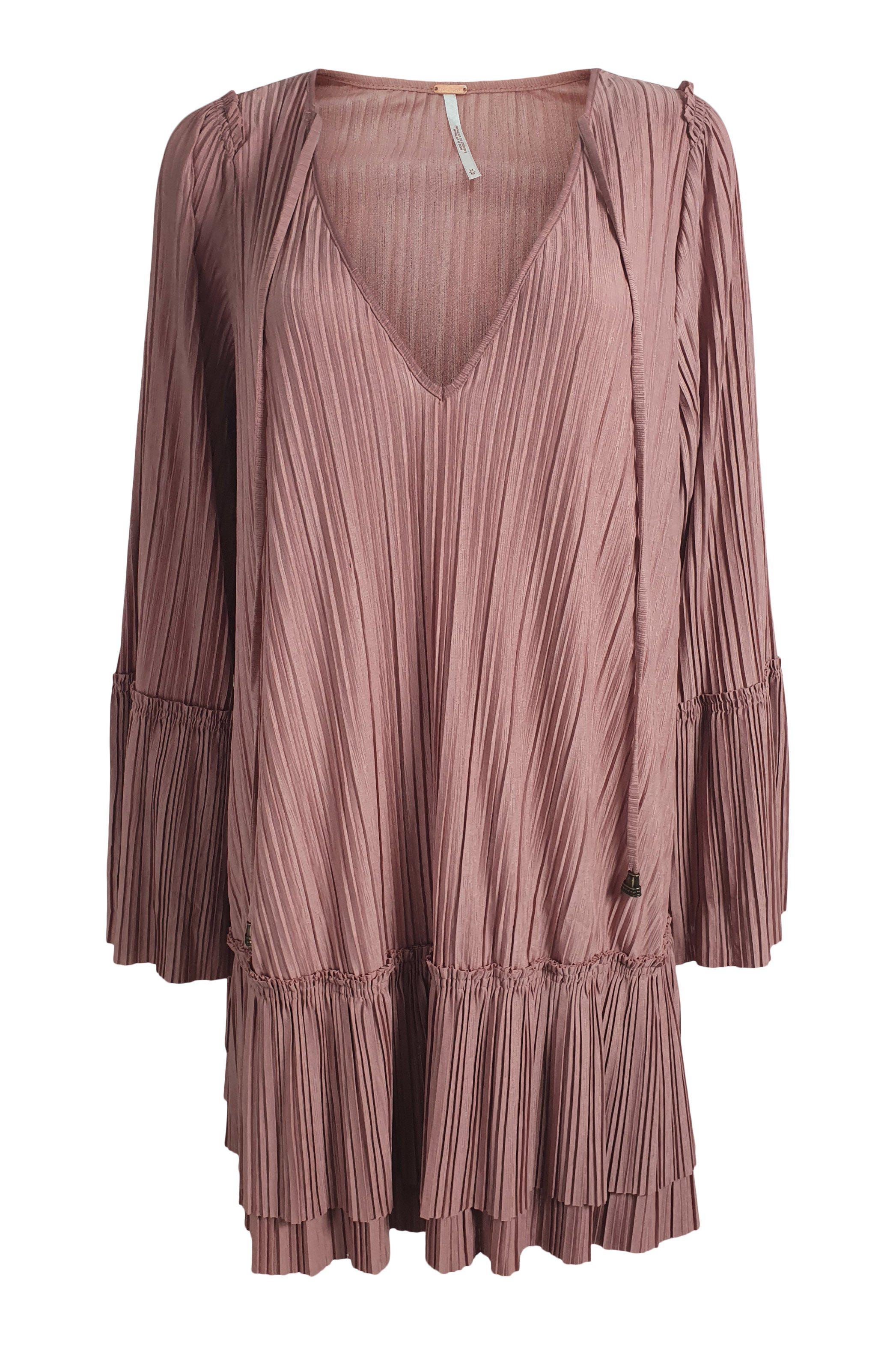 FREE PEOPLE Dusty Rose Pink V Front Pleated Mini Dress (M)-Free People-The Freperie