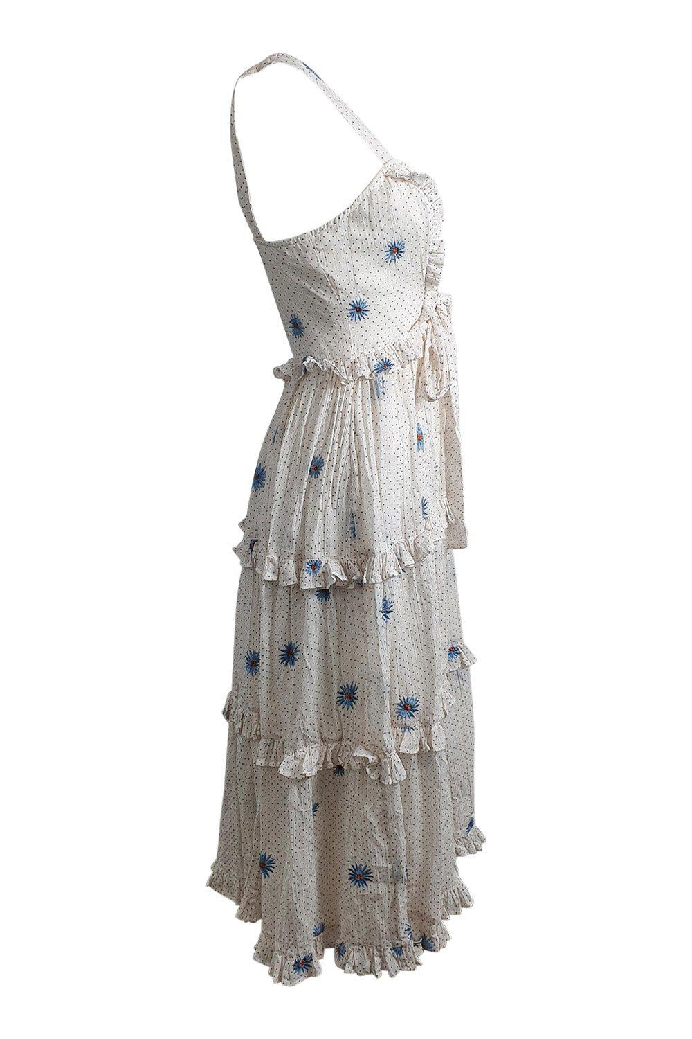 FREE PEOPLE White Polka Dot Floral Modern Boho Daisy Chain Midi Dress (XS)-The Freperie
