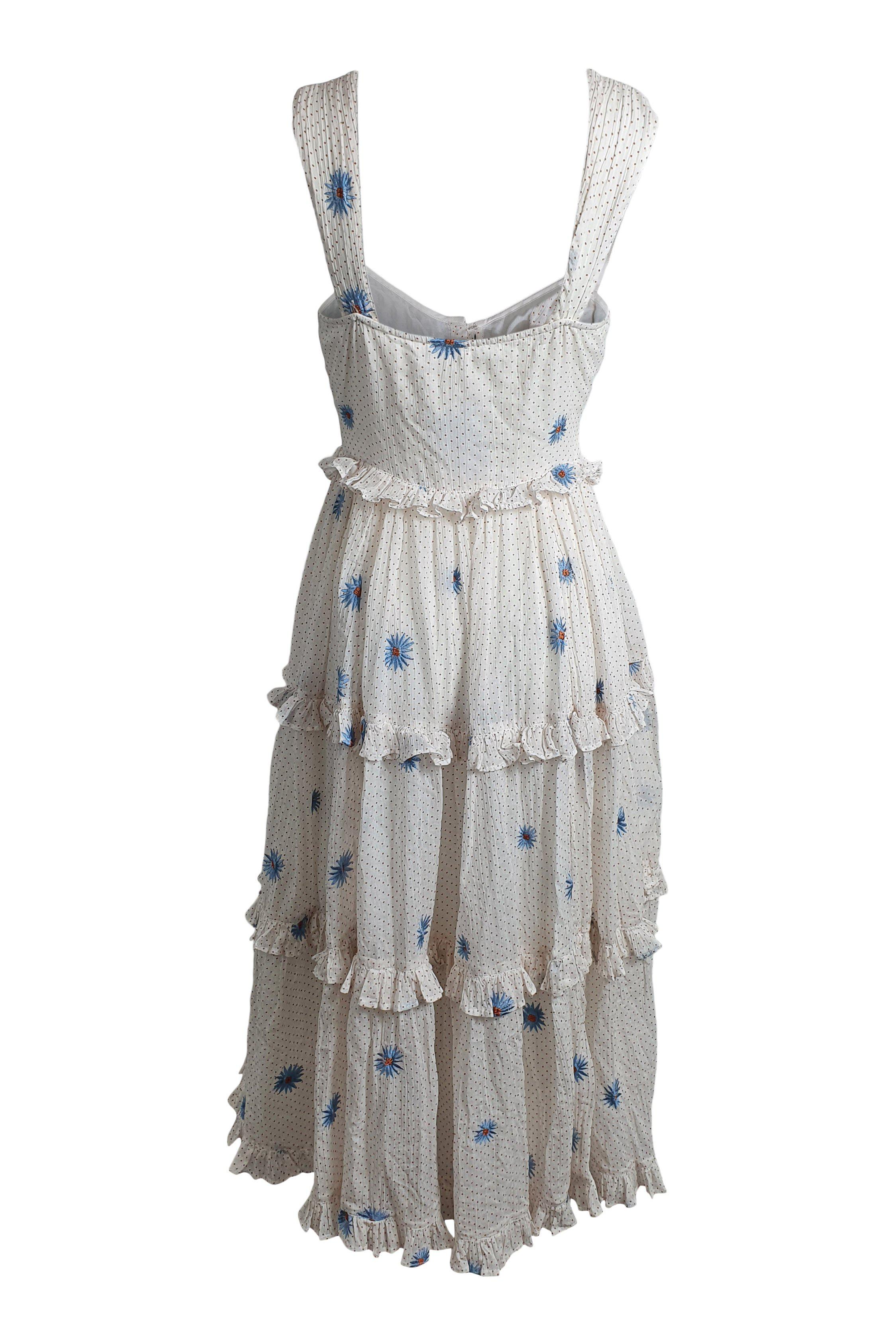 FREE PEOPLE White Polka Dot Floral Modern Boho Daisy Chain Midi Dress (XS)-The Freperie