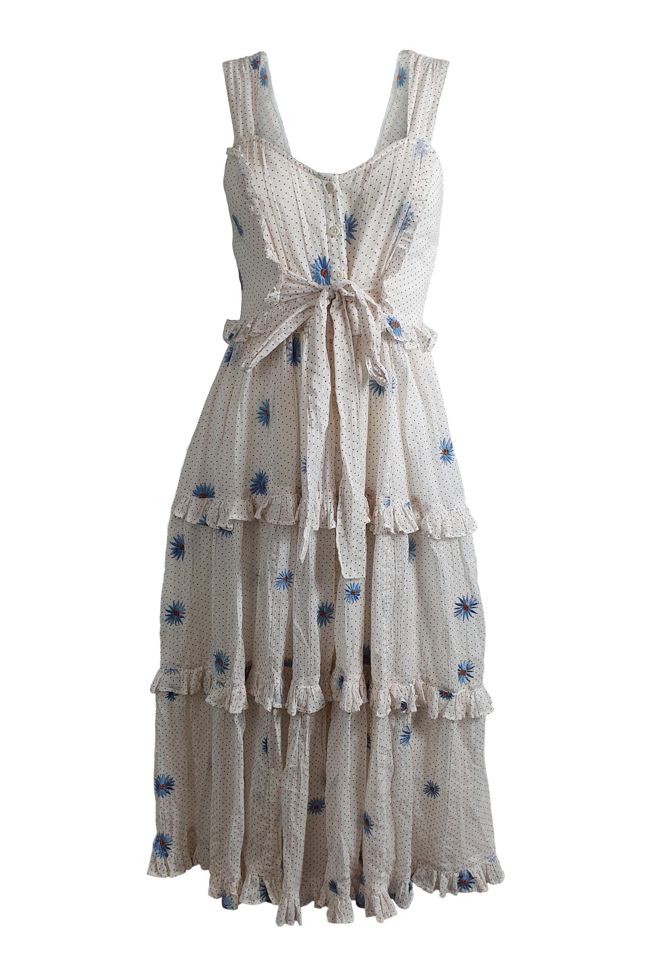 FREE PEOPLE White Polka Dot Floral Modern Boho Daisy Chain Midi Dress (XS)-The Freperie