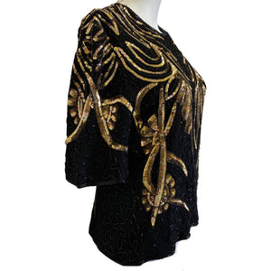 Frank Usher 80s Sequin & Glass Bead Vintage Silk Top Black & Gold Size: Small-The Freperie