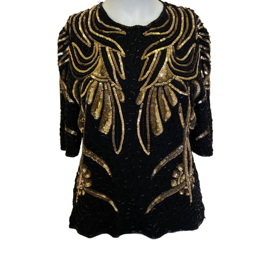 Frank Usher 80s Sequin & Glass Bead Vintage Silk Top Black & Gold Size: Small-The Freperie