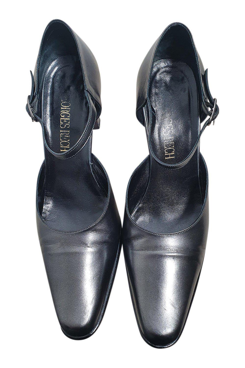 GEORGES RECH Vintage Black Ankle Strap Court Shoes (39)-The Freperie