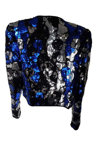 GINA BACCONI Vintage Black Blue Silver Sequin Cropped Jacket (UK 10)-Gina Bacconi-The Freperie