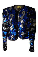 Load image into Gallery viewer, GINA BACCONI Vintage Black Blue Silver Sequin Cropped Jacket (UK 10)-Gina Bacconi-The Freperie
