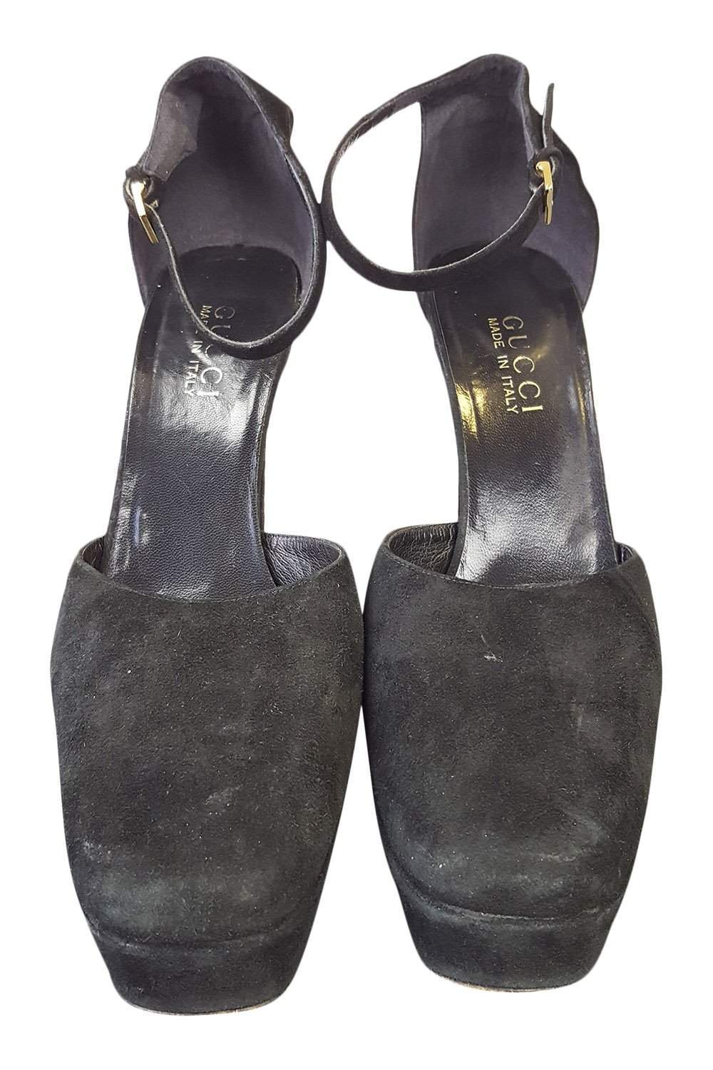 GUCCI Black Suede Ankle Strap Platform Heels (39.5 C)-Gucci-The Freperie
