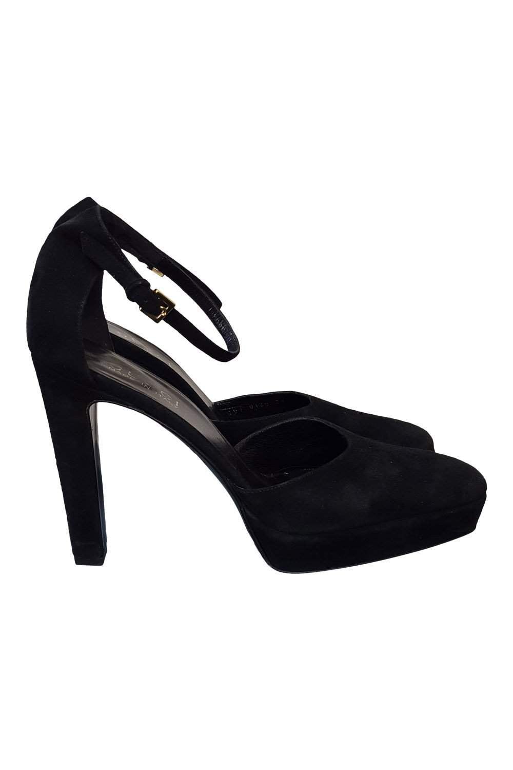 GUCCI Black Suede Ankle Strap Platform Heels (39.5 C)-Gucci-The Freperie